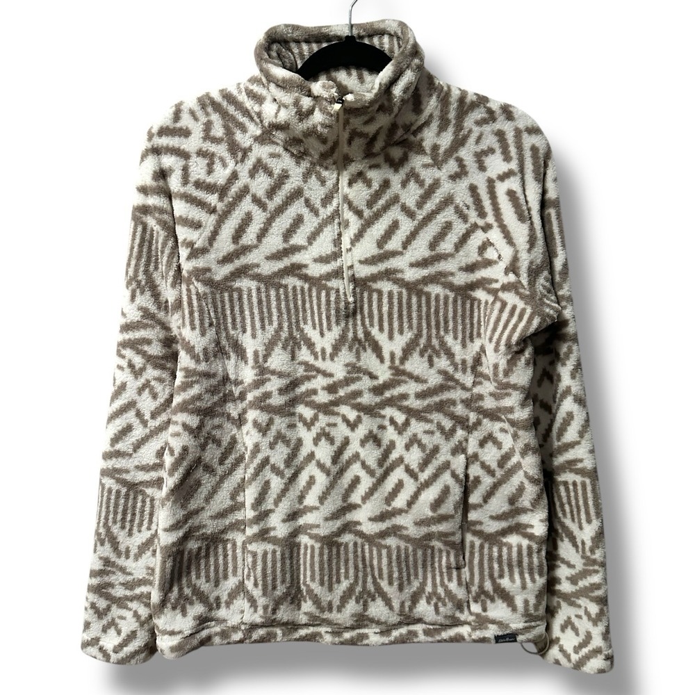 Eddie Bauer Tan Cream Geometric‎ Print Fleece Pullover Women's M Quarter 1/4 Zip